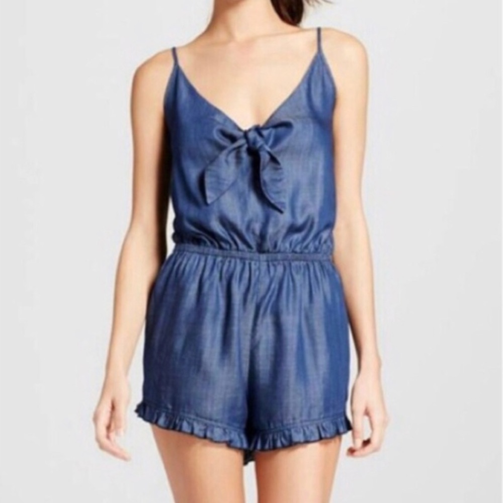 Denim Ruffle Trim Romper boho pinup